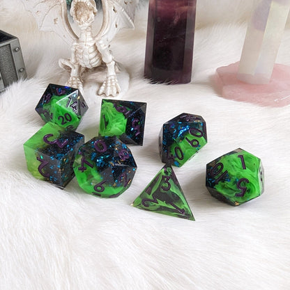 Neon Green Black Dice Set – 7 - Piece Sharp Edge Layered Swirling Purple Font DnD - Fennek and Finch