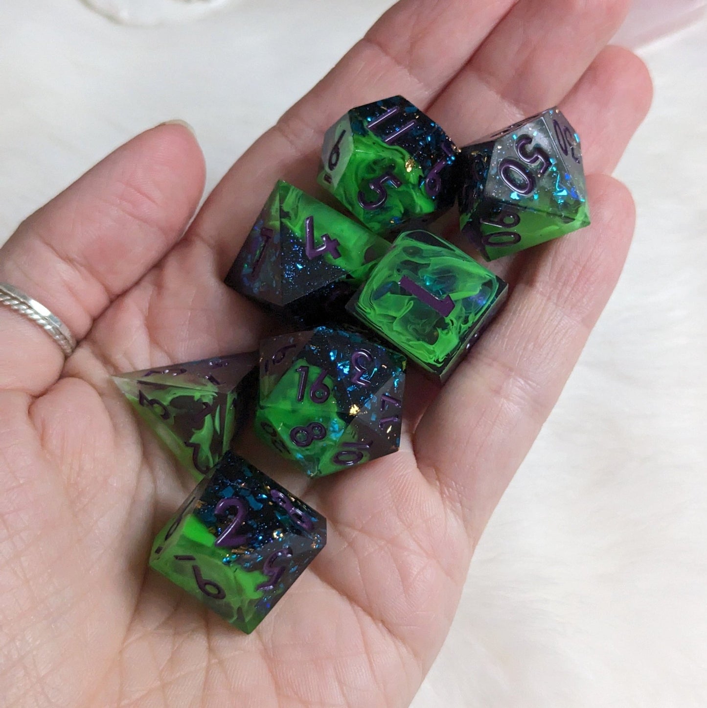 Neon Green Black Dice Set – 7 - Piece Sharp Edge Layered Swirling Purple Font DnD - Fennek and Finch