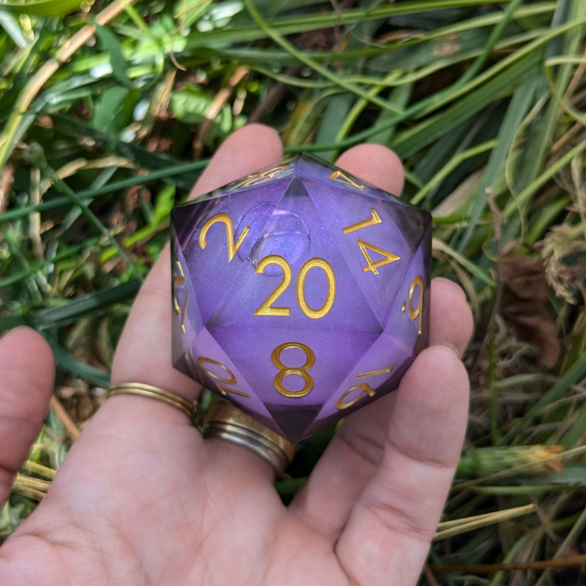 Hand holding Night Castle giant purple D20 dice with gold numbers, set against a green leaf background.