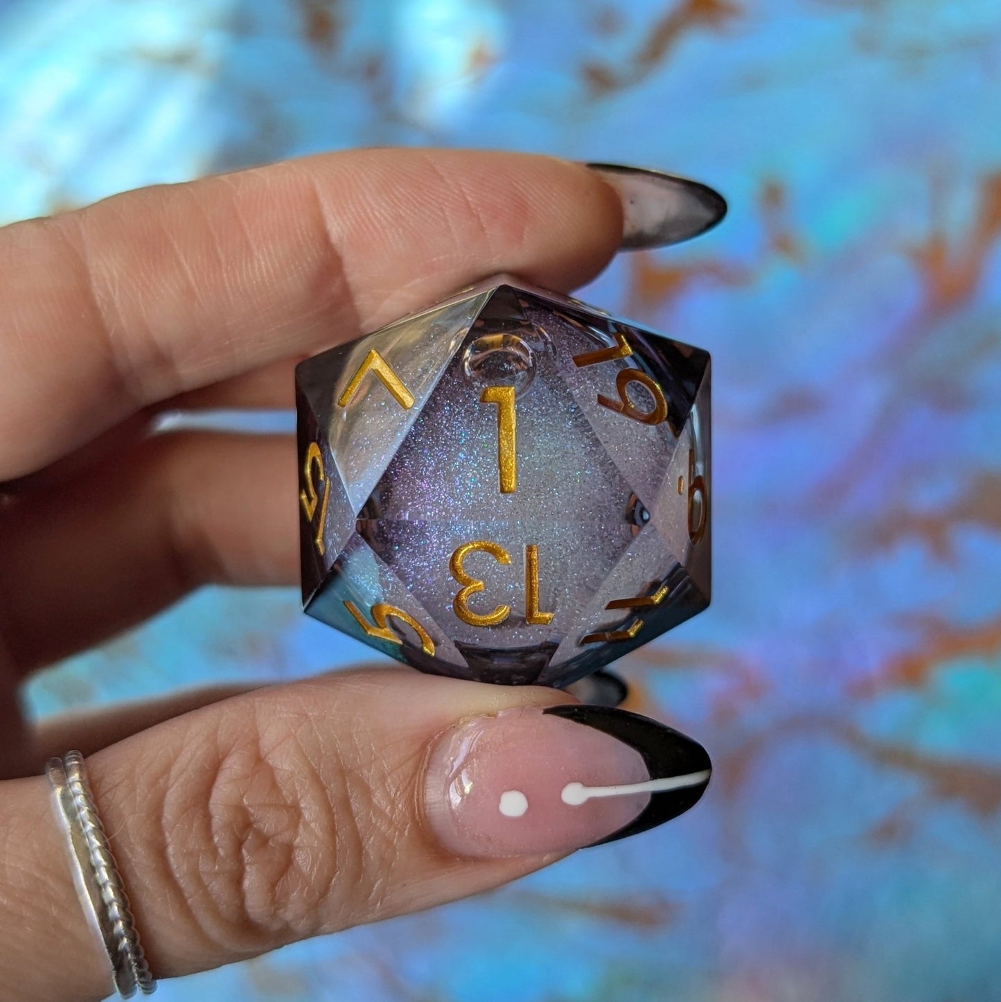 Night Castle Liquid Core D20 – 1.5" Purple Black Gold Font Large Die Dice Sets & Games Fennek and Finch