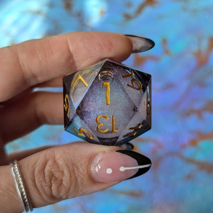 Night Castle Liquid Core D20 – 1.5" Purple Black Gold Font Large Die Dice Sets & Games Fennek and Finch