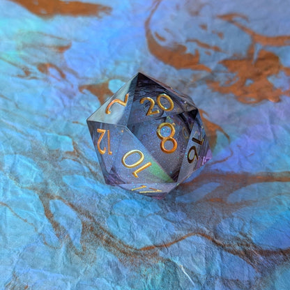 Night Castle Liquid Core D20 – 1.5" Purple Black Gold Font Large Die Dice Sets & Games Fennek and Finch