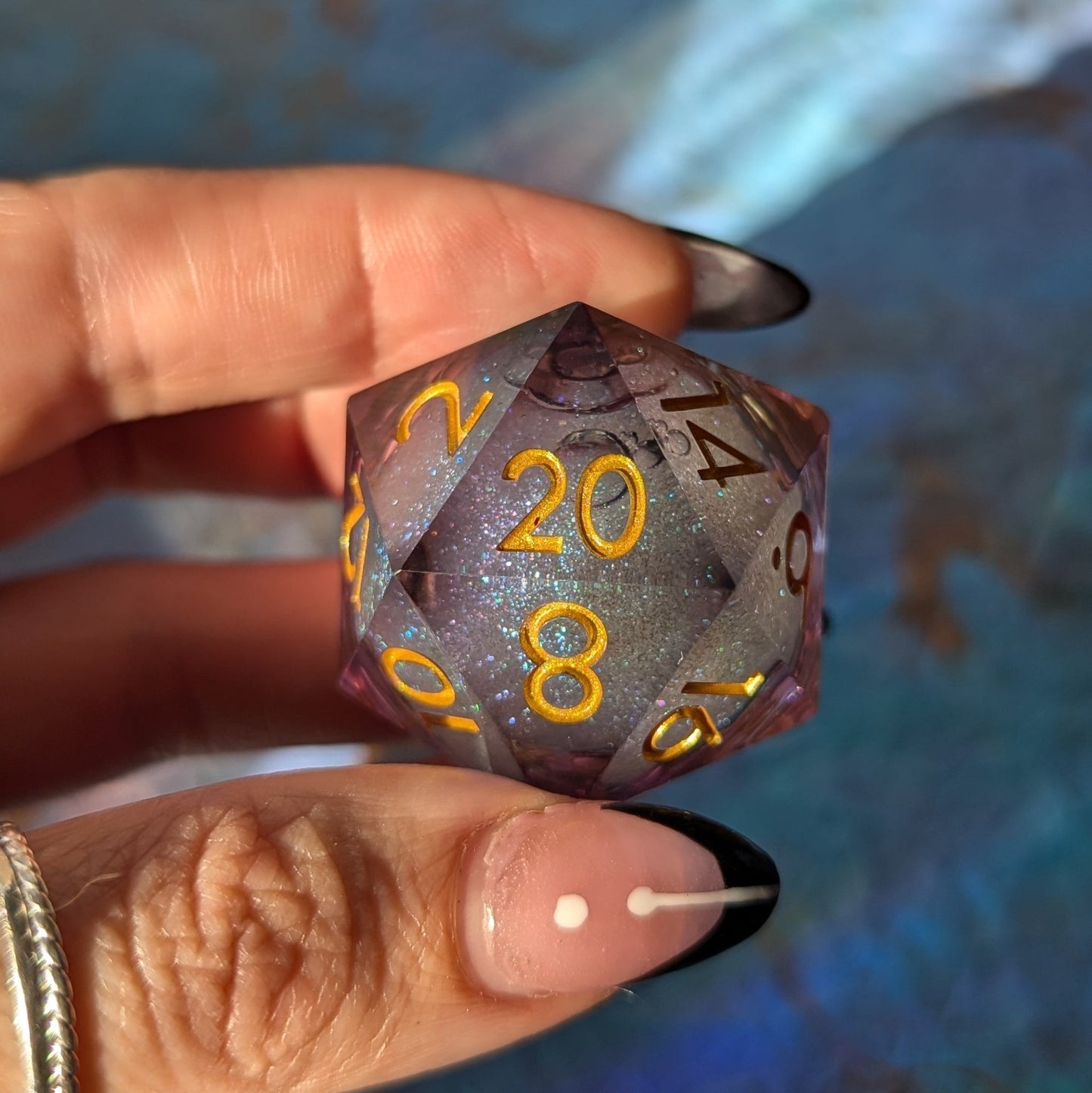 Night Castle Liquid Core D20 – 1.5" Purple Black Gold Font Large Die Dice Sets & Games Fennek and Finch