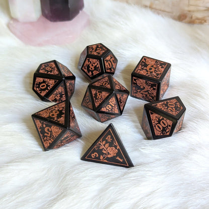 Obsidian Rose Dice Set – Black Glass Engraved Gemstone DnD Dice | Fennek & Finch Dice Sets & Games Fennek and Finch