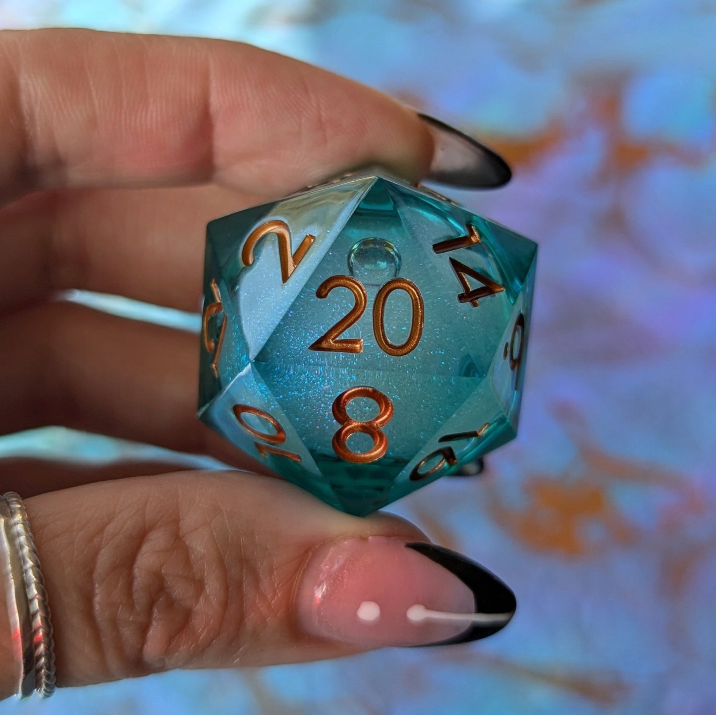 Ocean's Heart Liquid Core D20 – 1.5" Deep Blue Green Swirling Shimmer Die Dice Sets & Games Fennek and Finch