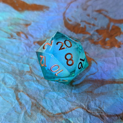 Ocean's Heart Liquid Core D20 – 1.5" Deep Blue Green Swirling Shimmer Die Dice Sets & Games Fennek and Finch