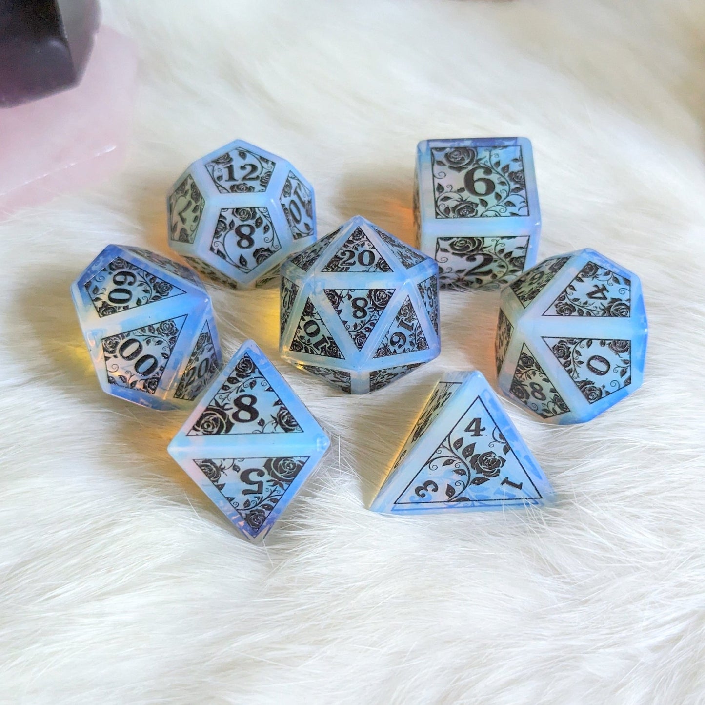 Opalite Rose Dice Set – Engraved Gemstone DnD Dice with Black Font | Fennek & Finch - Fennek and Finch