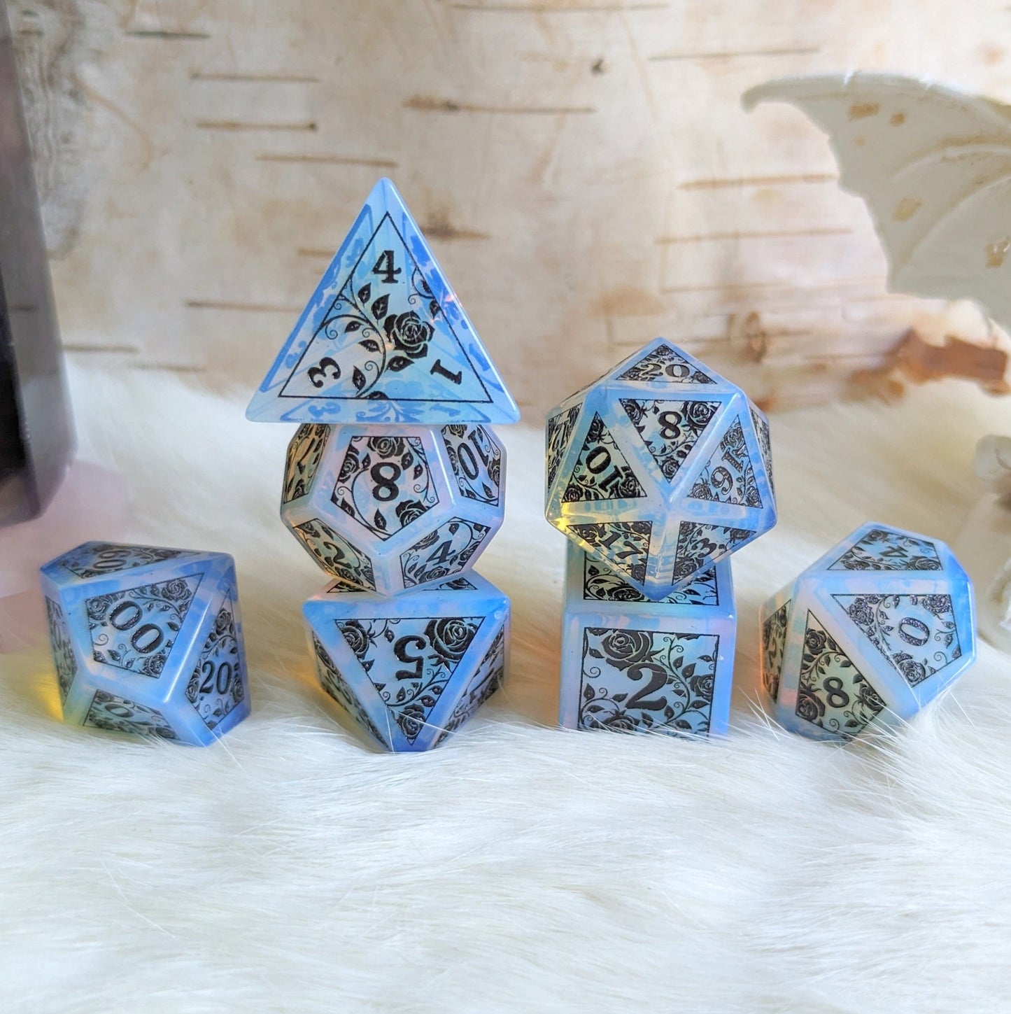 Opalite Rose Dice Set – Engraved Gemstone DnD Dice with Black Font | Fennek & Finch - Fennek and Finch