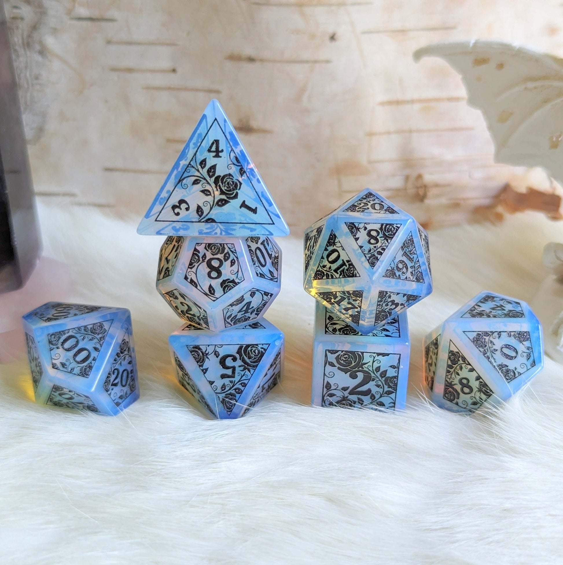 Opalite Rose Dice Set – Engraved Gemstone DnD Dice with Black Font | Fennek & Finch - Fennek and Finch