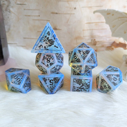 Opalite Rose Dice Set – Engraved Gemstone DnD Dice with Black Font | Fennek & Finch - Fennek and Finch