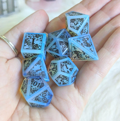 Opalite Rose Dice Set – Engraved Gemstone DnD Dice with Black Font | Fennek & Finch - Fennek and Finch