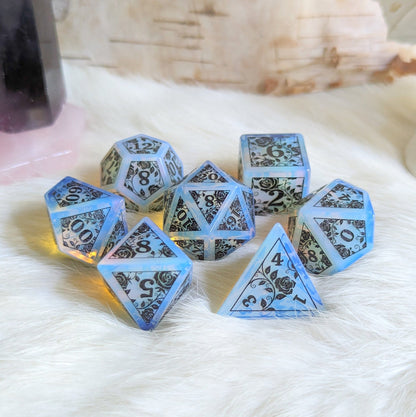 Opalite Rose Dice Set – Engraved Gemstone DnD Dice with Black Font | Fennek & Finch - Fennek and Finch