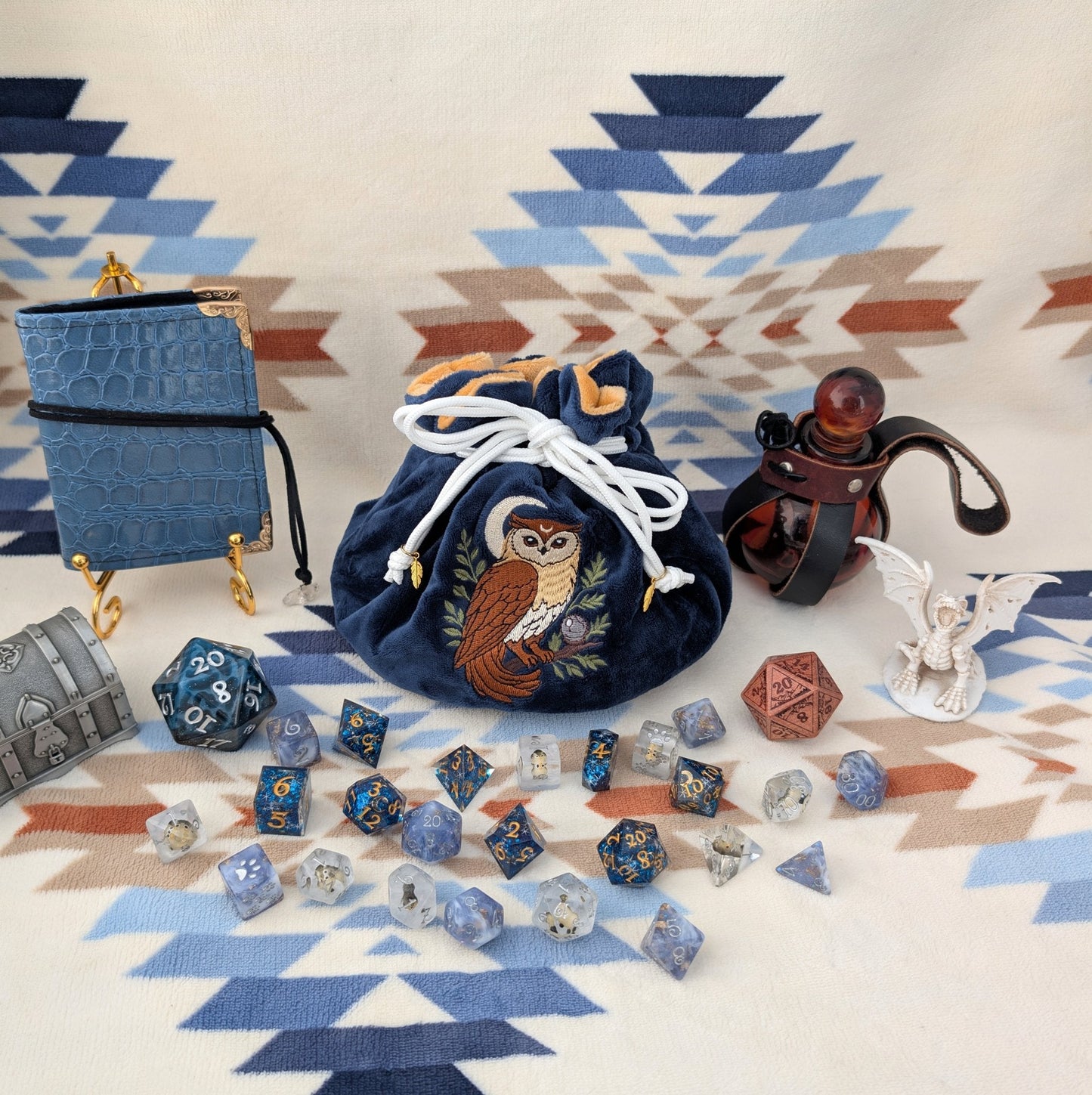 Owl Plush Dice Bag – Navy Blue & Auburn Embroidered Drawstring Pouch Fennek and Finch