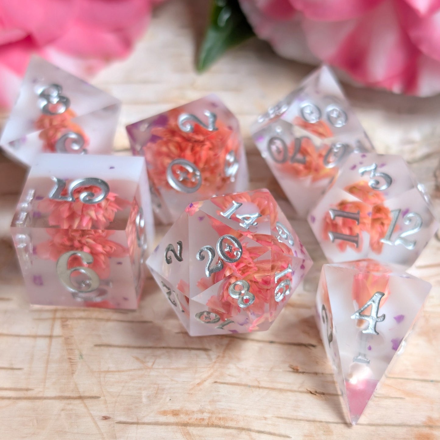 Peaches and Cream Dice Set – 7pc Floral Resin Dice - Fennek and Finch