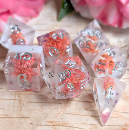Peaches and Cream Dice Set – 7pc Floral Resin Dice - Fennek and Finch