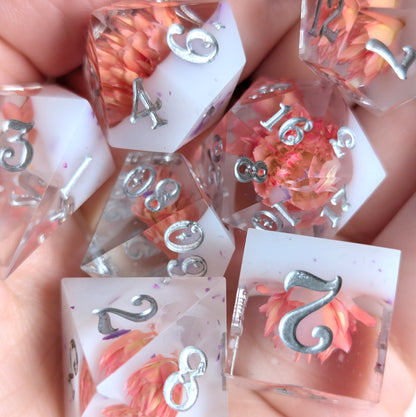 Peaches and Cream Dice Set – 7pc Floral Resin Dice - Fennek and Finch