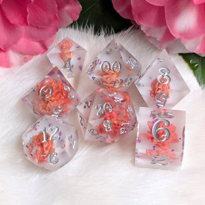 Peaches and Cream Dice Set – 7pc Floral Resin Dice - Fennek and Finch