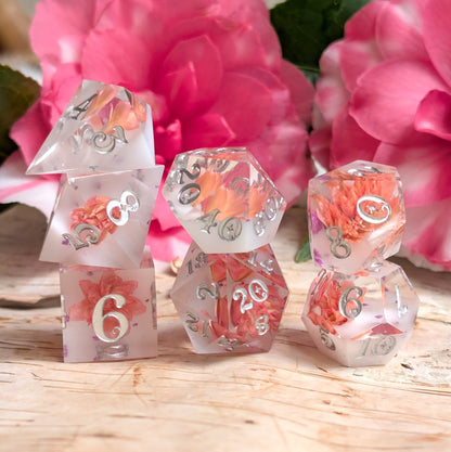Peaches and Cream Dice Set – 7pc Floral Resin Dice - Fennek and Finch