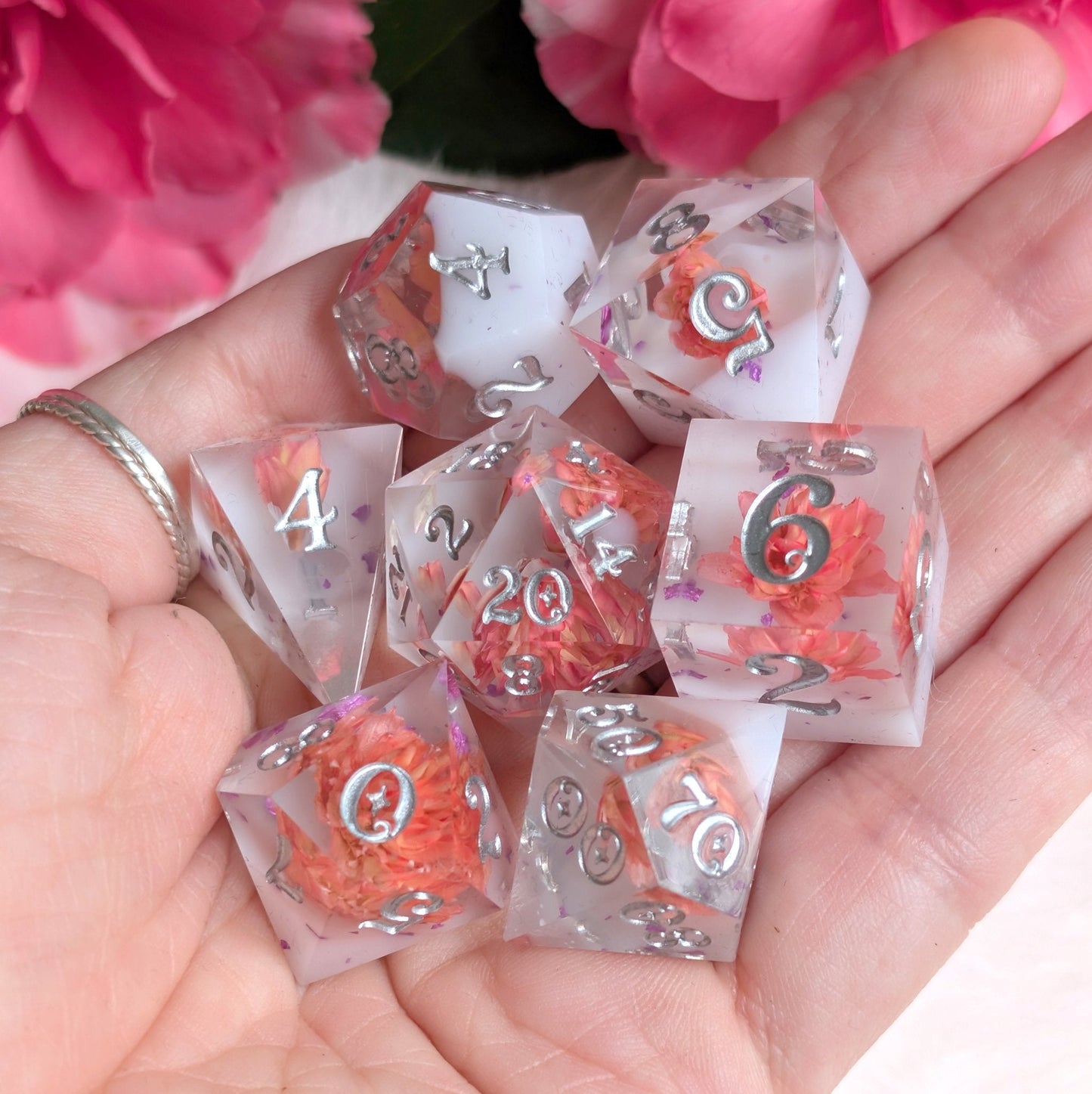 Peaches and Cream Dice Set – 7pc Floral Resin Dice - Fennek and Finch