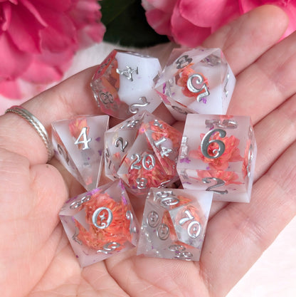 Peaches and Cream Dice Set – 7pc Floral Resin Dice - Fennek and Finch