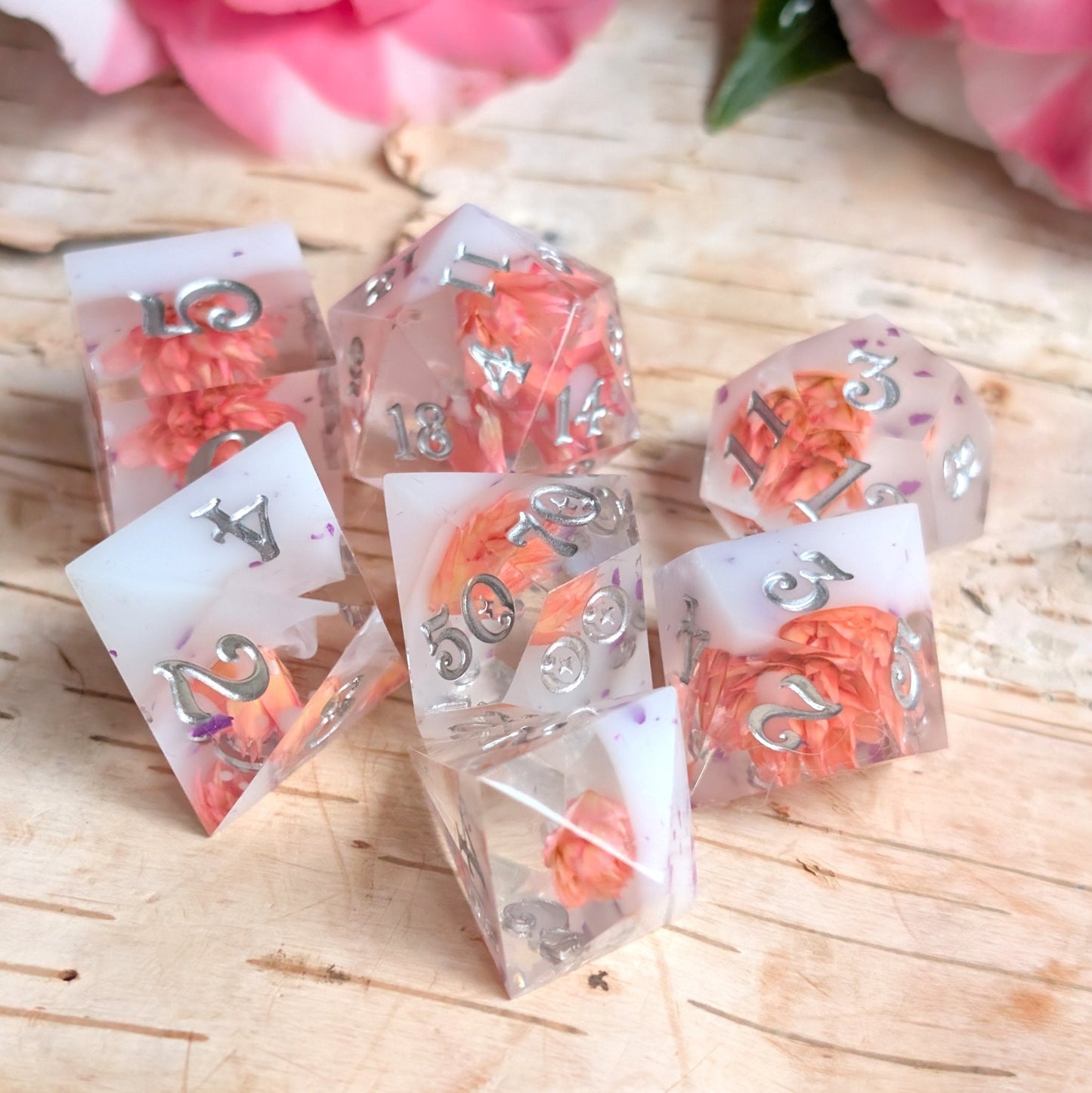 Peaches and Cream Dice Set – 7pc Floral Resin Dice - Fennek and Finch