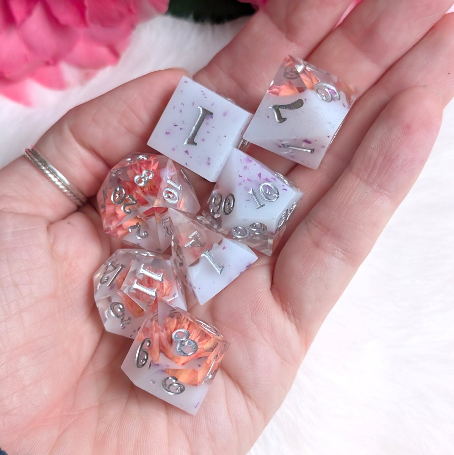 Peaches and Cream Dice Set – 7pc Floral Resin Dice - Fennek and Finch
