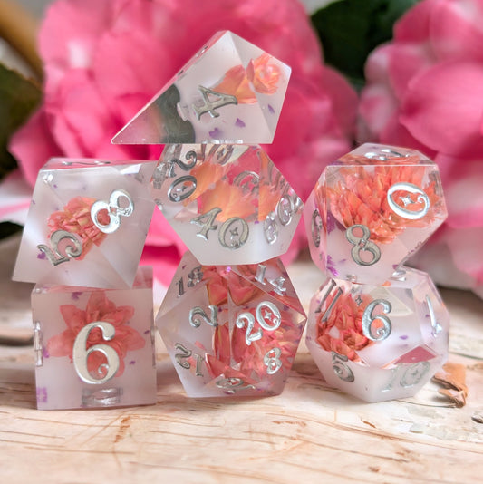 Peaches and Cream Dice Set – 7pc Floral Resin Dice - Fennek and Finch