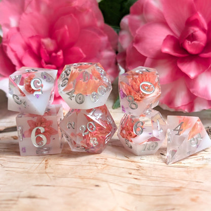 Peaches and Cream Dice Set – 7pc Floral Resin Dice - Fennek and Finch