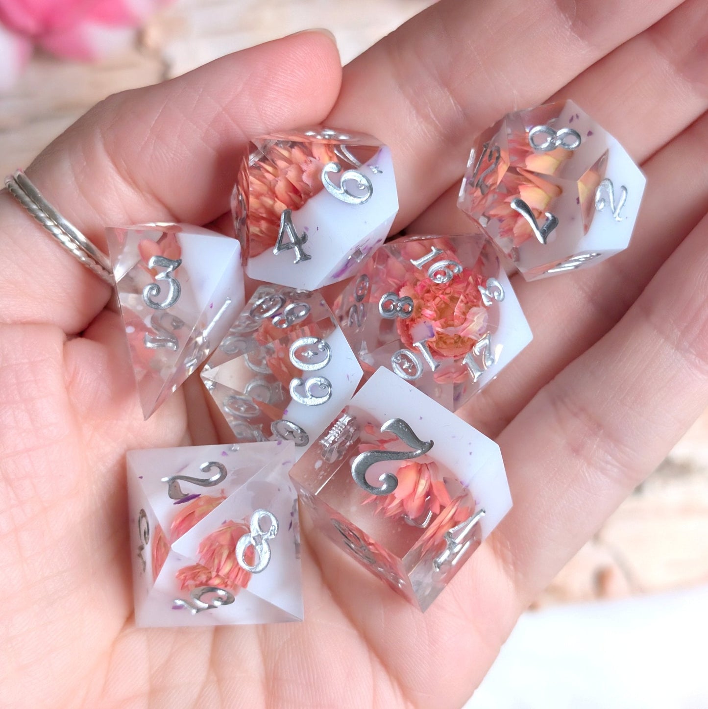 Peaches and Cream Dice Set – 7pc Floral Resin Dice - Fennek and Finch