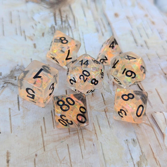 Phoenix's Rebirth Dice Set – 7 - Piece Orange Iridescent Cellophane Black Font - Fennek and Finch