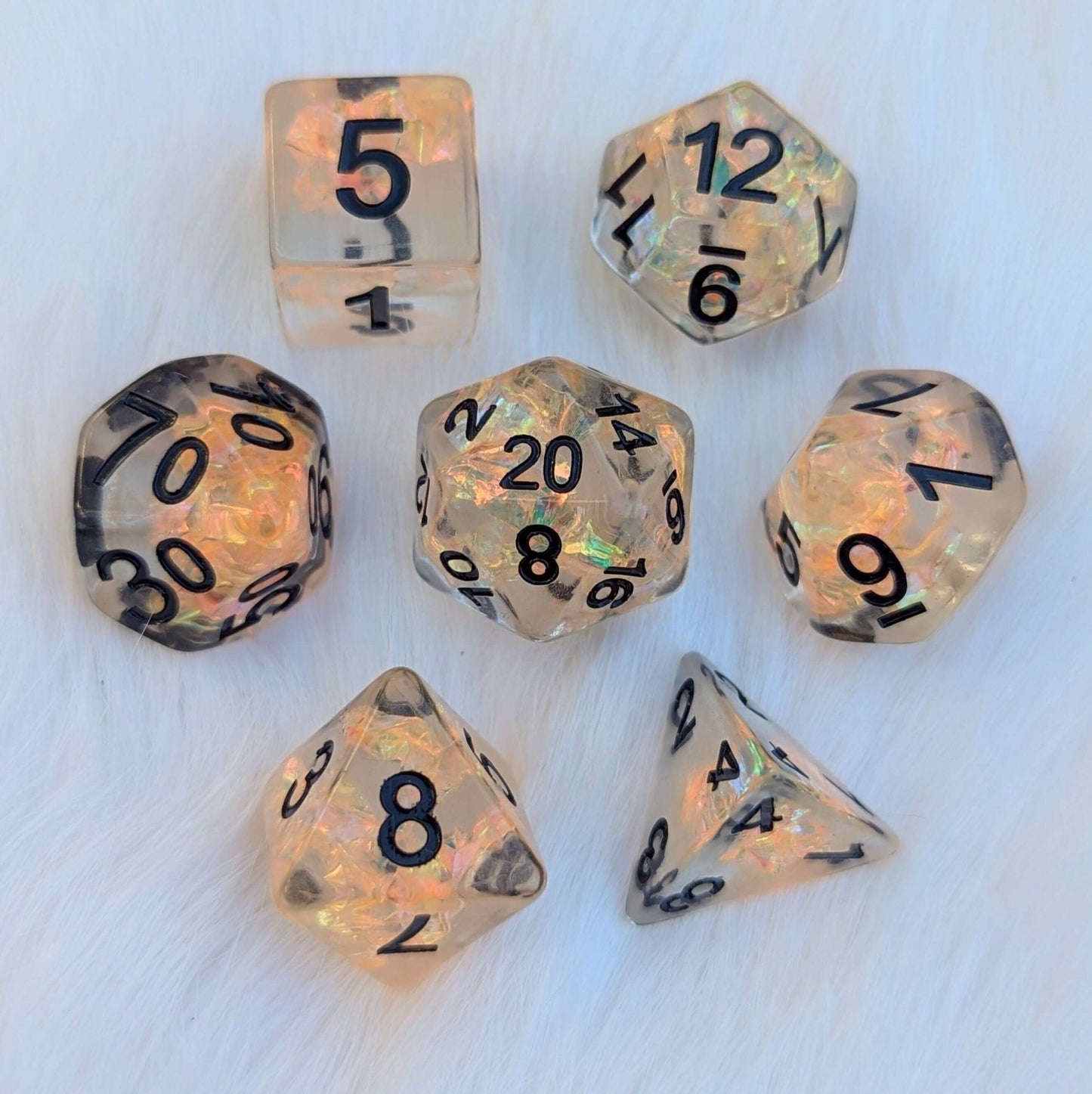 Phoenix's Rebirth Dice Set – 7 - Piece Orange Iridescent Cellophane Black Font - Fennek and Finch