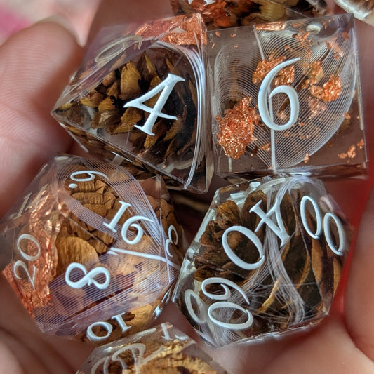 Pinecone and Feather Wisp Dice Set – 7 - Piece Nature Inclusion DnD Dice | Fennek & Finch - Fennek and Finch