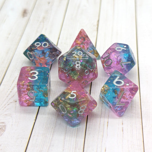 Pink and Blue Sparkles DnD Dice Set, Translucent Glitter layered Dice