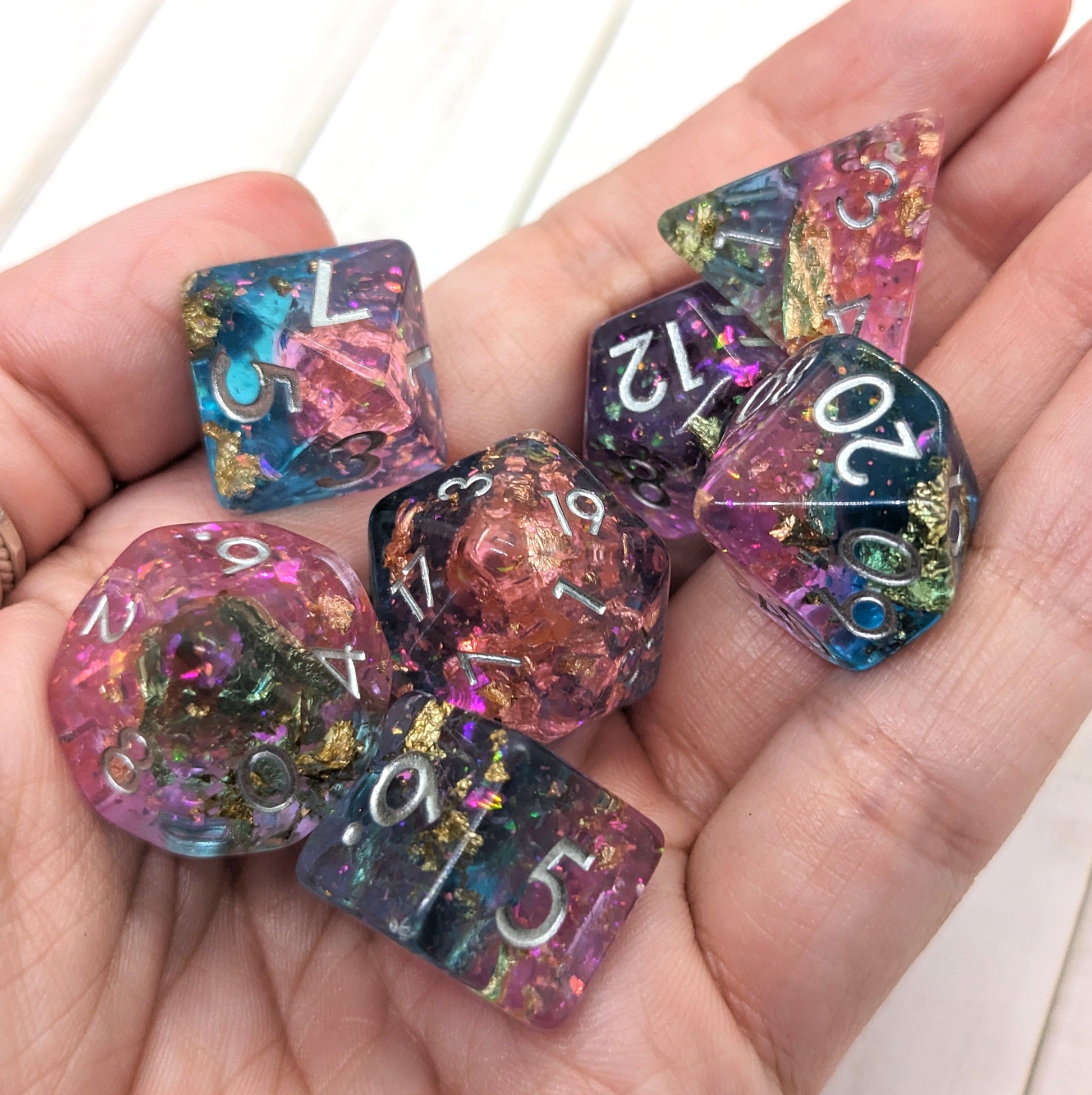 Pink and Blue Sparkles DnD Dice Set, Translucent Glitter layered Dice