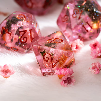 Pink Flowers and Moss DnD Dice Set – 8-Piece with Real Botanicals | Fennek & Finch Dice Sets & Games Fennek and Finch