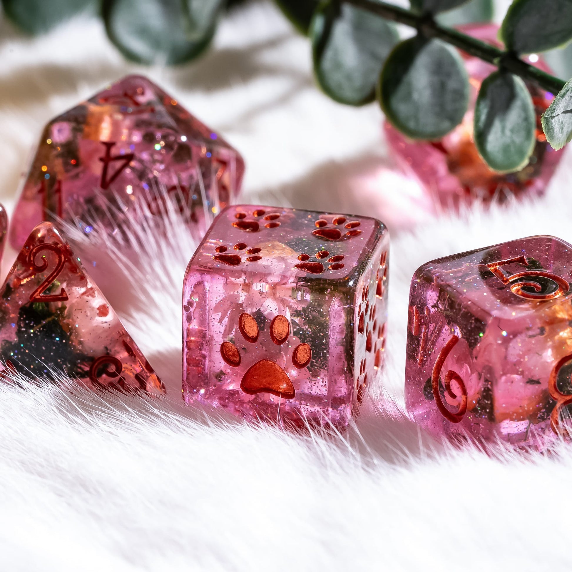 Pink Flowers and Moss DnD Dice Set – 8-Piece with Real Botanicals | Fennek & Finch Dice Sets & Games Fennek and Finch