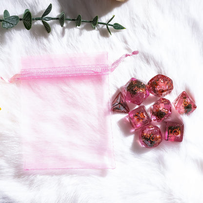 Pink Flowers and Moss DnD Dice Set – 8-Piece with Real Botanicals | Fennek & Finch Dice Sets & Games Fennek and Finch