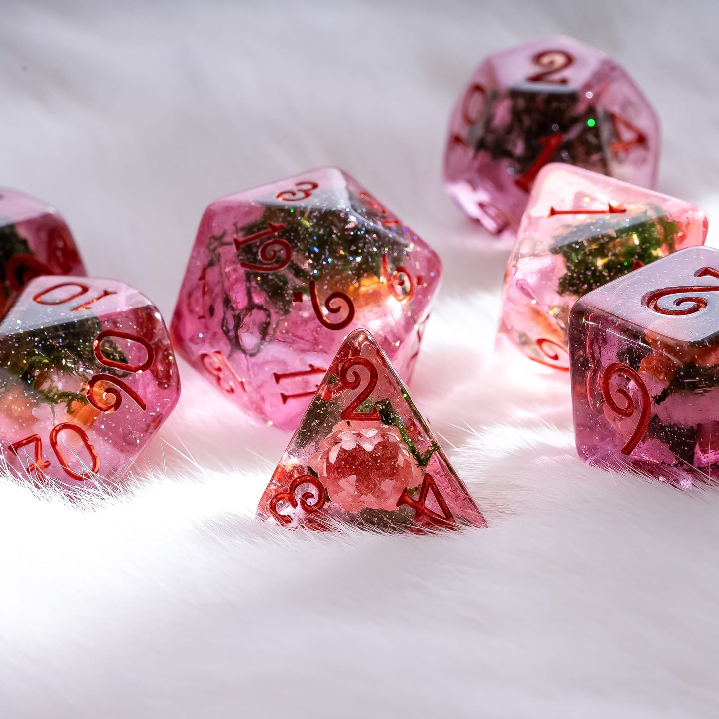Pink Flowers and Moss DnD Dice Set – 8-Piece with Real Botanicals | Fennek & Finch Dice Sets & Games Fennek and Finch