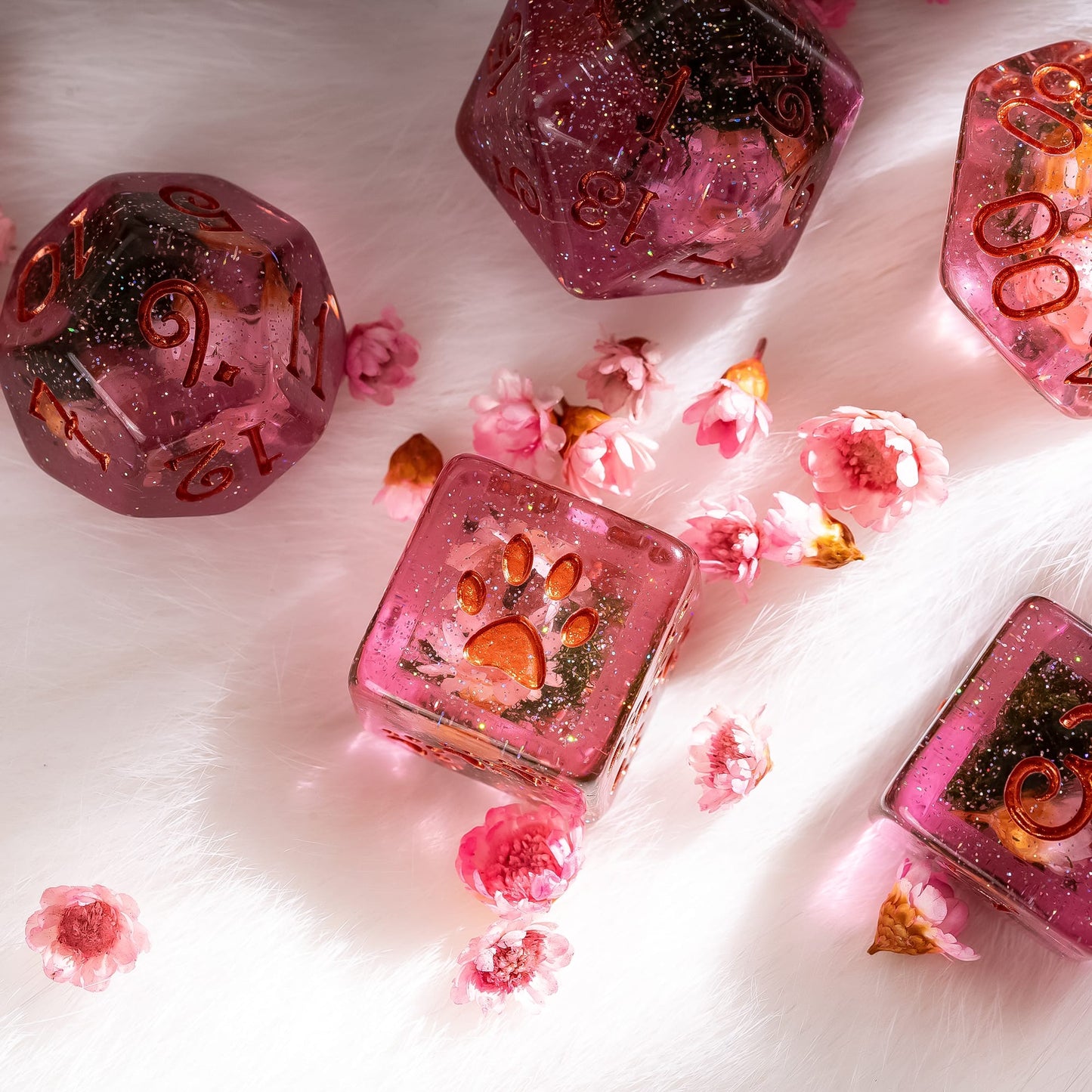Pink Flowers and Moss DnD Dice Set – 8-Piece with Real Botanicals | Fennek & Finch Dice Sets & Games Fennek and Finch