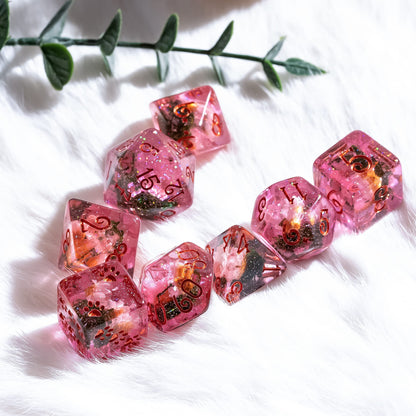 Pink Flowers and Moss DnD Dice Set – 8-Piece with Real Botanicals | Fennek & Finch Dice Sets & Games Fennek and Finch