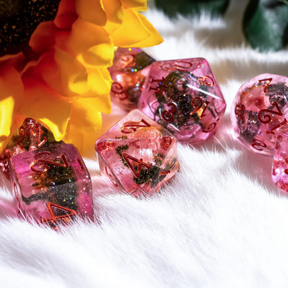 Pink Flowers and Moss DnD Dice Set – 8-Piece with Real Botanicals | Fennek & Finch Dice Sets & Games Fennek and Finch