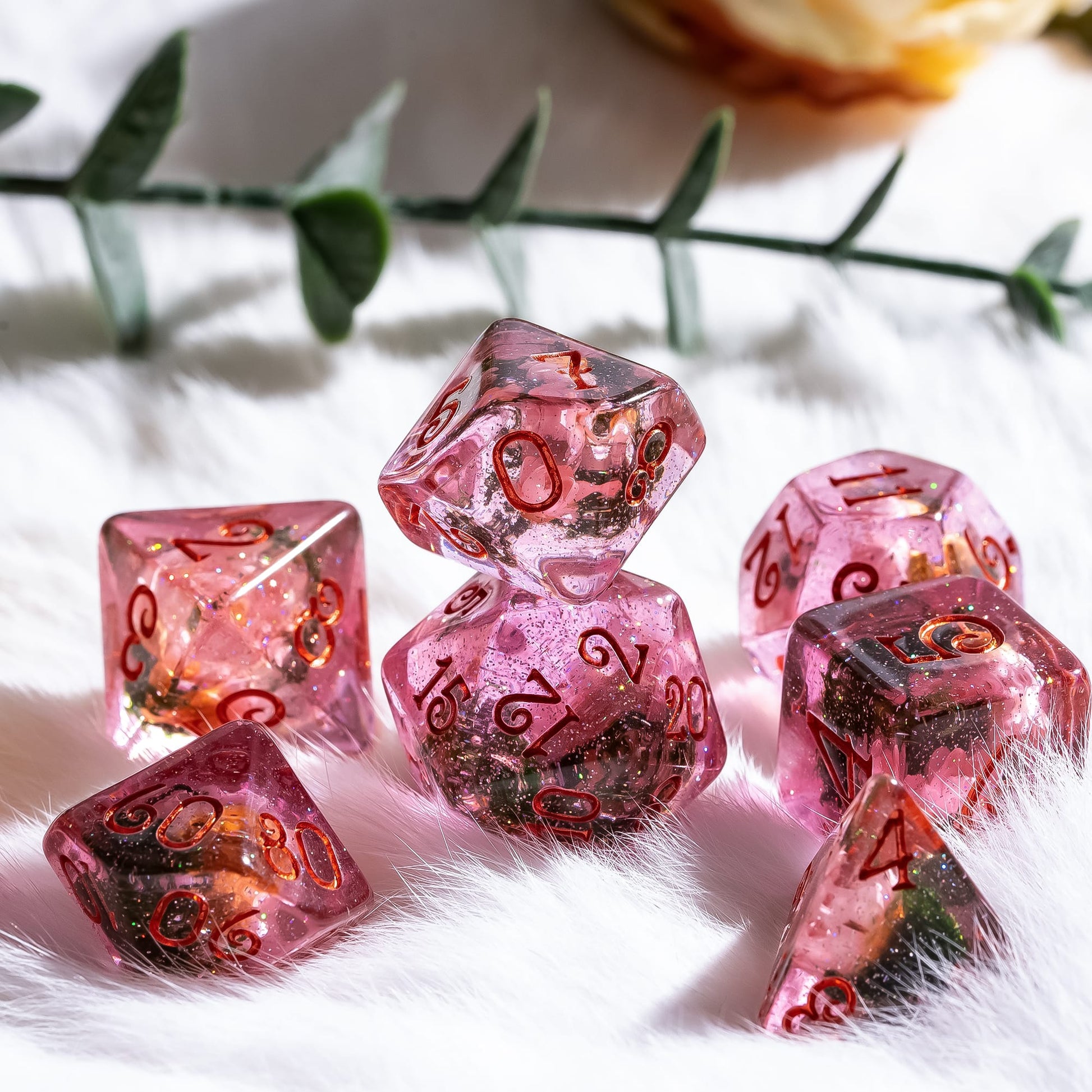 Pink Flowers and Moss DnD Dice Set – 8-Piece with Real Botanicals | Fennek & Finch Dice Sets & Games Fennek and Finch
