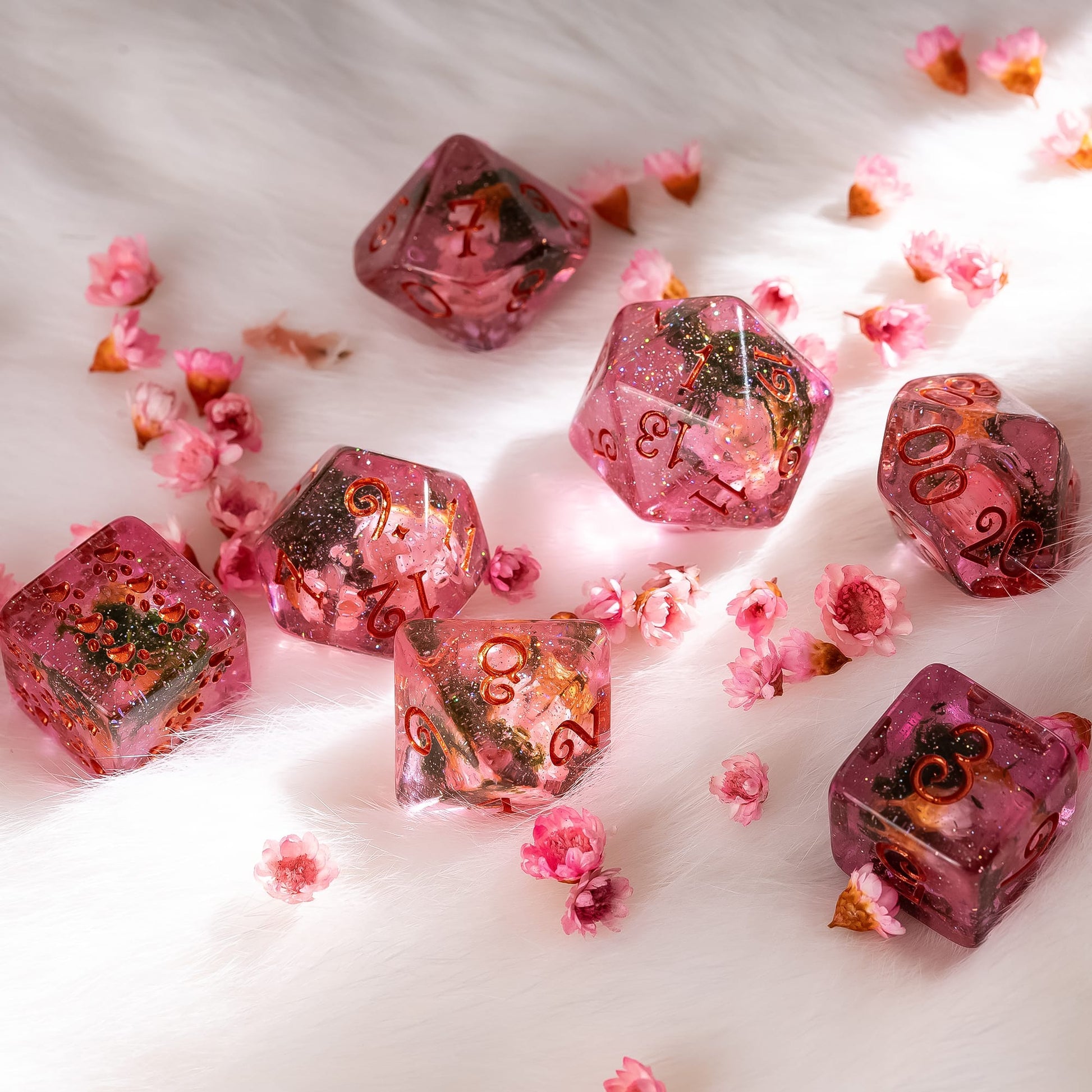 Pink Flowers and Moss DnD Dice Set – 8-Piece with Real Botanicals | Fennek & Finch Dice Sets & Games Fennek and Finch