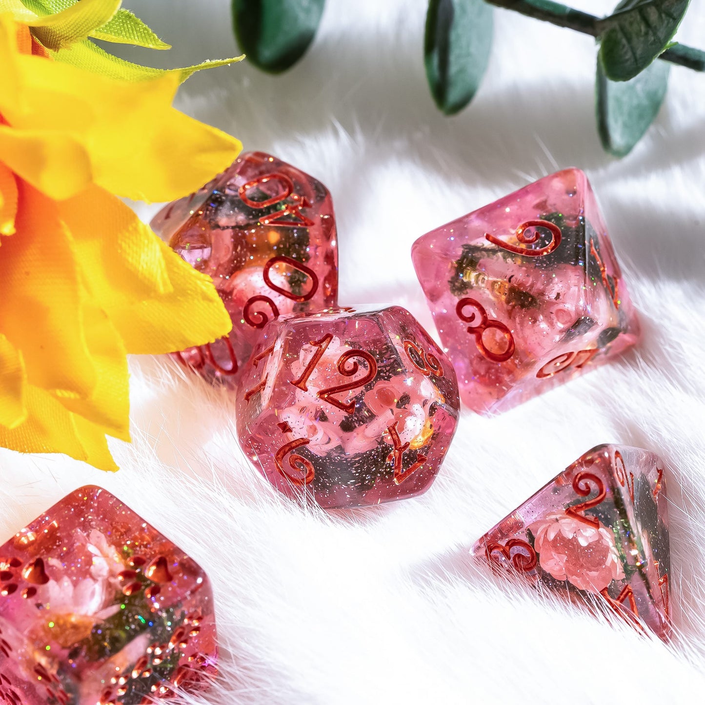 Pink Flowers and Moss DnD Dice Set – 8-Piece with Real Botanicals | Fennek & Finch Dice Sets & Games Fennek and Finch