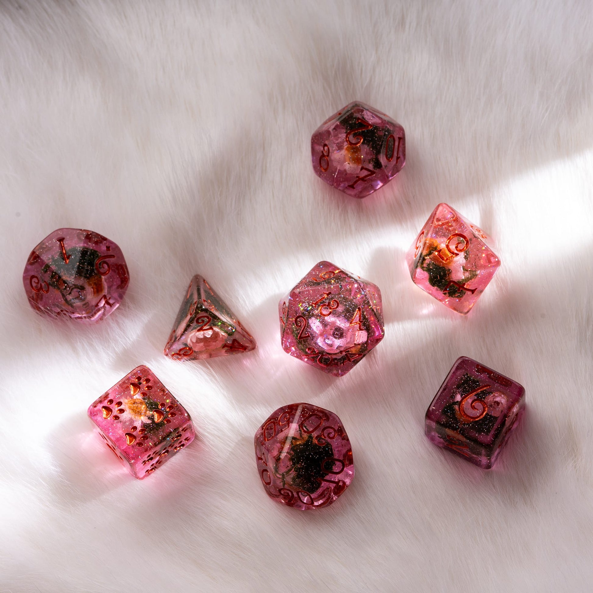 Pink Flowers and Moss DnD Dice Set – 8-Piece with Real Botanicals | Fennek & Finch Dice Sets & Games Fennek and Finch