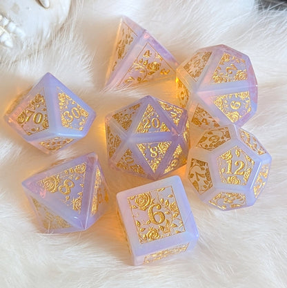 Pink Opalite Rose Vine Dice Set – 7 - Piece Iridescent Glass DnD Dice - Fennek and Finch
