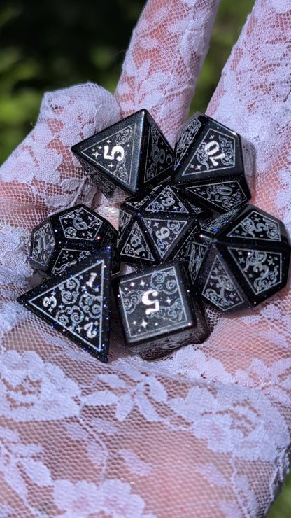 Dreamy Blue Goldstone with Silver Dice Set – 7-Piece Gemstone DnD Dice with Silver Celestial Symbols | Fennek & Finch
