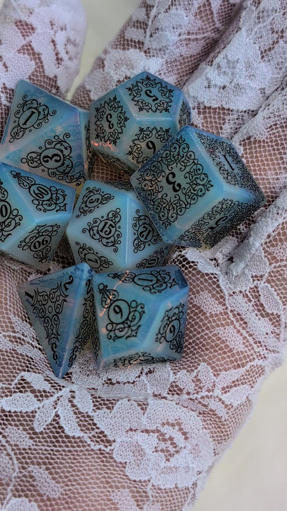 Garden Gate Opalite Gemstone DnD Dice with Black Font | Fennek & Finch
