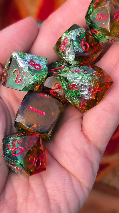 Diamond Cut DnD Dice Set - Green & Orange Resin - Harvest Hex