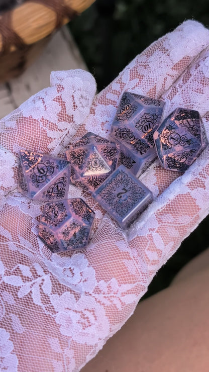 Garden Gate Purple Opalite Gemstone DnD Dice with Black Font | Fennek & Finch